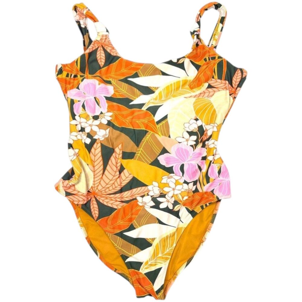 Aerie Womens Large Orange Tropical‎ Floral Palm One Piece Full Coverage Swimsuit